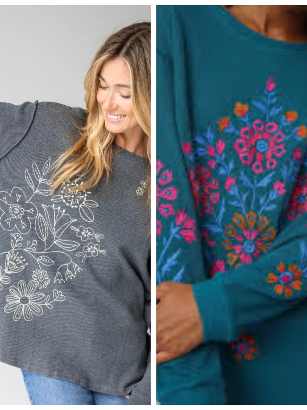 Two NATURAL LIFE Floral Embroidered Print Long Sleeve Shirts - Gray & Teal